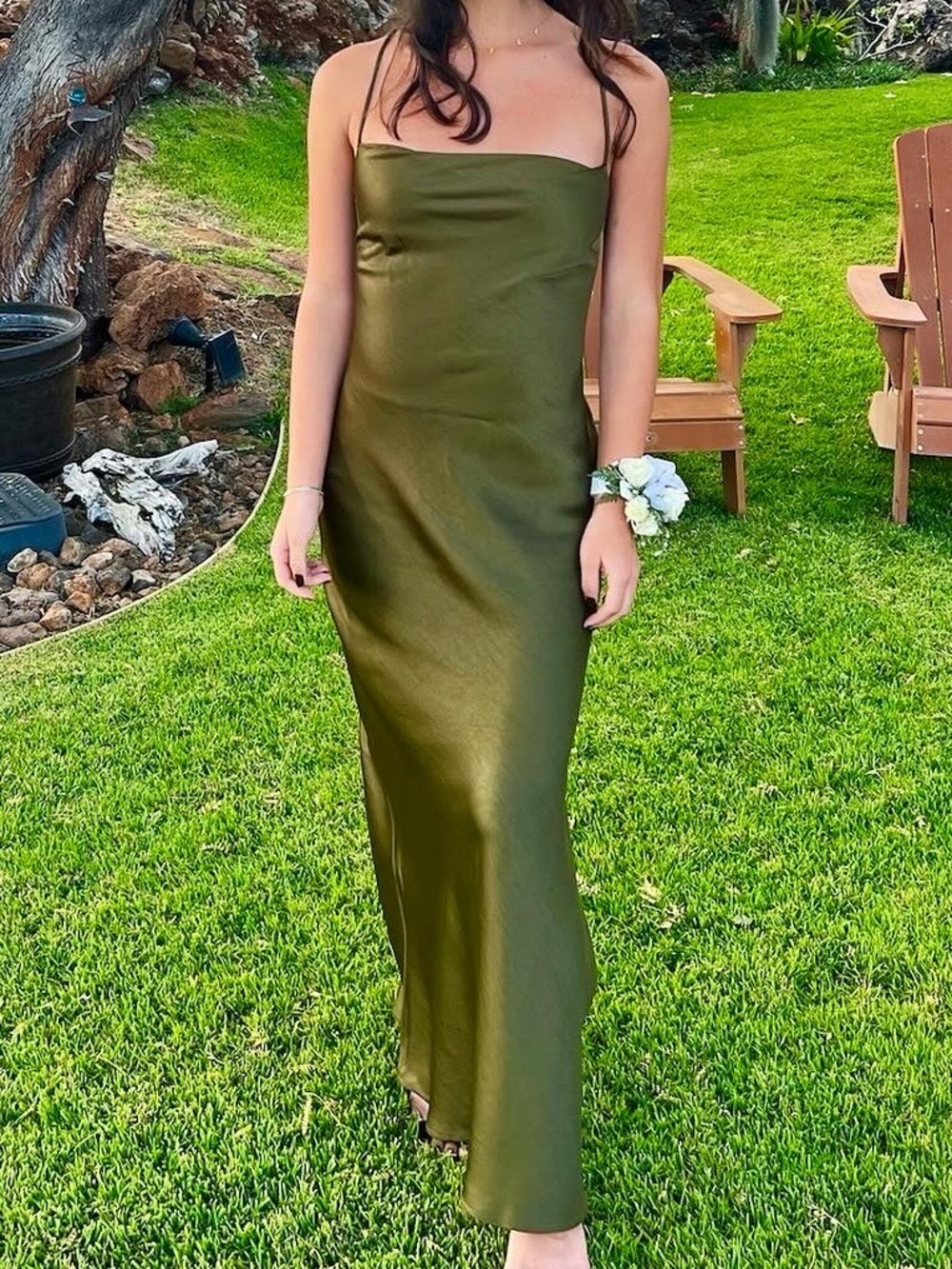 Meshki Olive Green Satin Slip Maxi Dress with Thin Straps